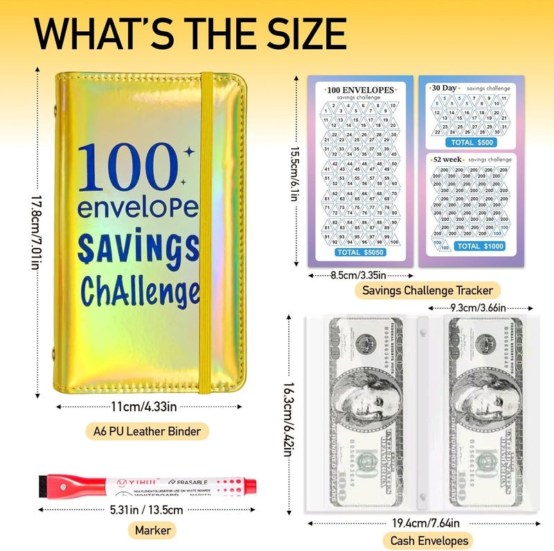 gusutide 100 Envelope Savings Challenge Binder, Money Saving Binder with Cash Envelopes, from 30 Days to 52 Weeks, to Save $500,$5,050 and $10,000, back to school supplies,gift for children (Golden-A6) - Image 2
